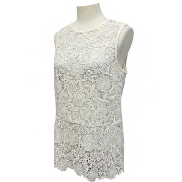 EUC CABI Women’s Cream Macrame Lace Peplum Full Zip Sleeveless Blouse Top Size S - Picture 3 of 9